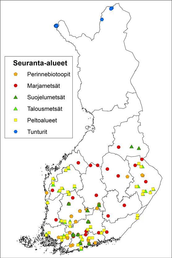 Havaintokartta pölyttäjäseurannan paikoista